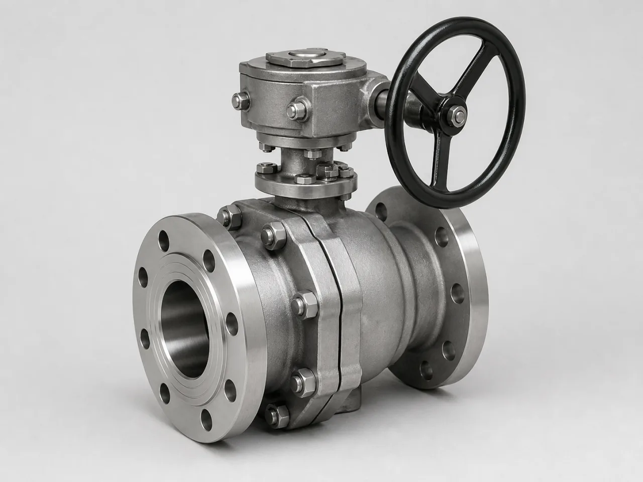 Brand-neutral generated catalog visual of Ball valves: flanged trunnion-style ball valve with compact split body, centered bore, short stem, and lever gearbox.