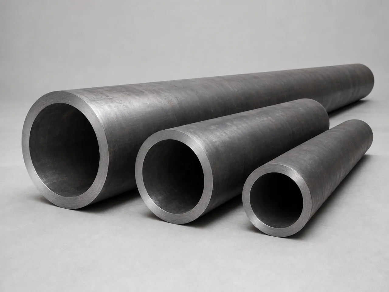 Brand-neutral generated catalog visual of Pipes: group of heavy-wall industrial pipe sections with large bores, beveled ends, and one long section receding diagonally.