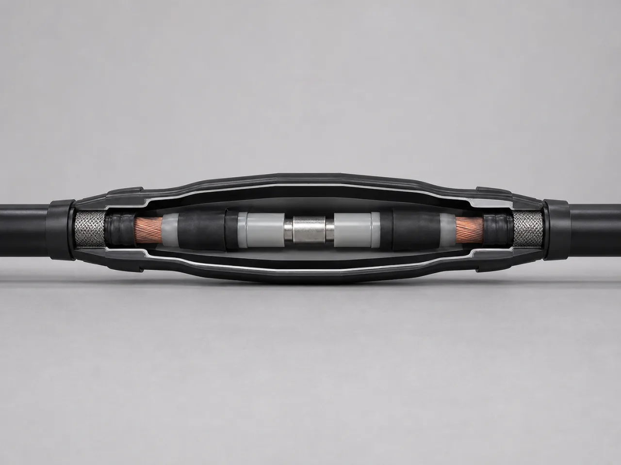 Brand-neutral generated catalog visual of Cable joints: inline power-cable joint cutaway showing aligned conductors, central connector, screened insulation body, and sealed outer jacket.