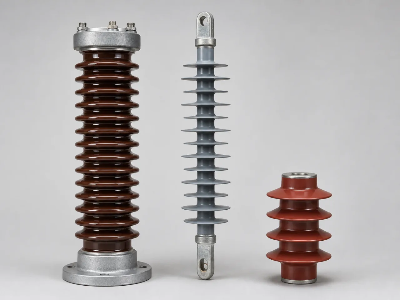 Brand-neutral generated catalog visual of Insulators: three substation insulators: ribbed porcelain post, composite long-rod, and compact support insulator with metal end fittings.