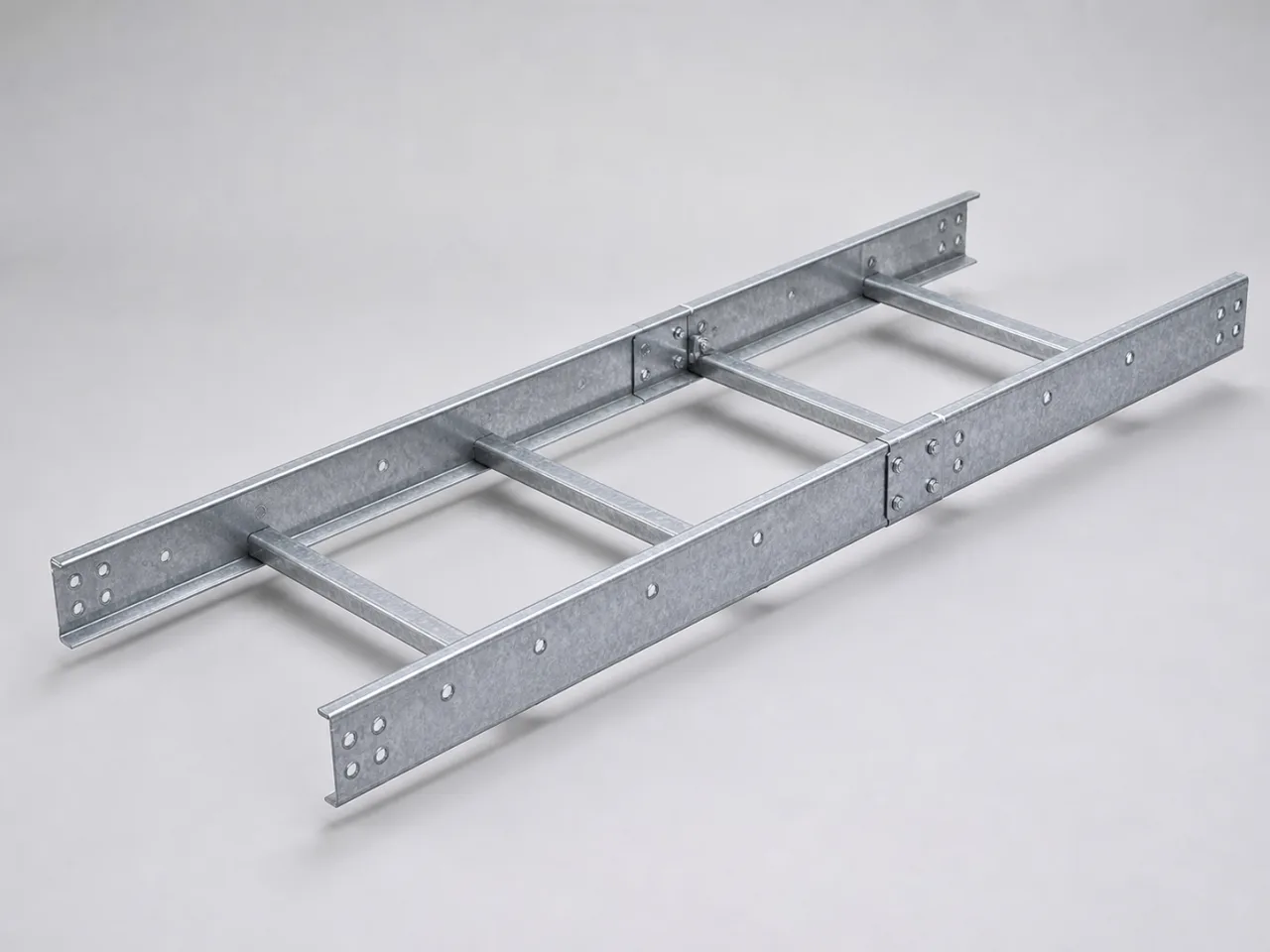 Brand-neutral generated catalog visual of Cable ladders: straight galvanized ladder section with twin side rails, evenly spaced rungs, and coherent splice plates.