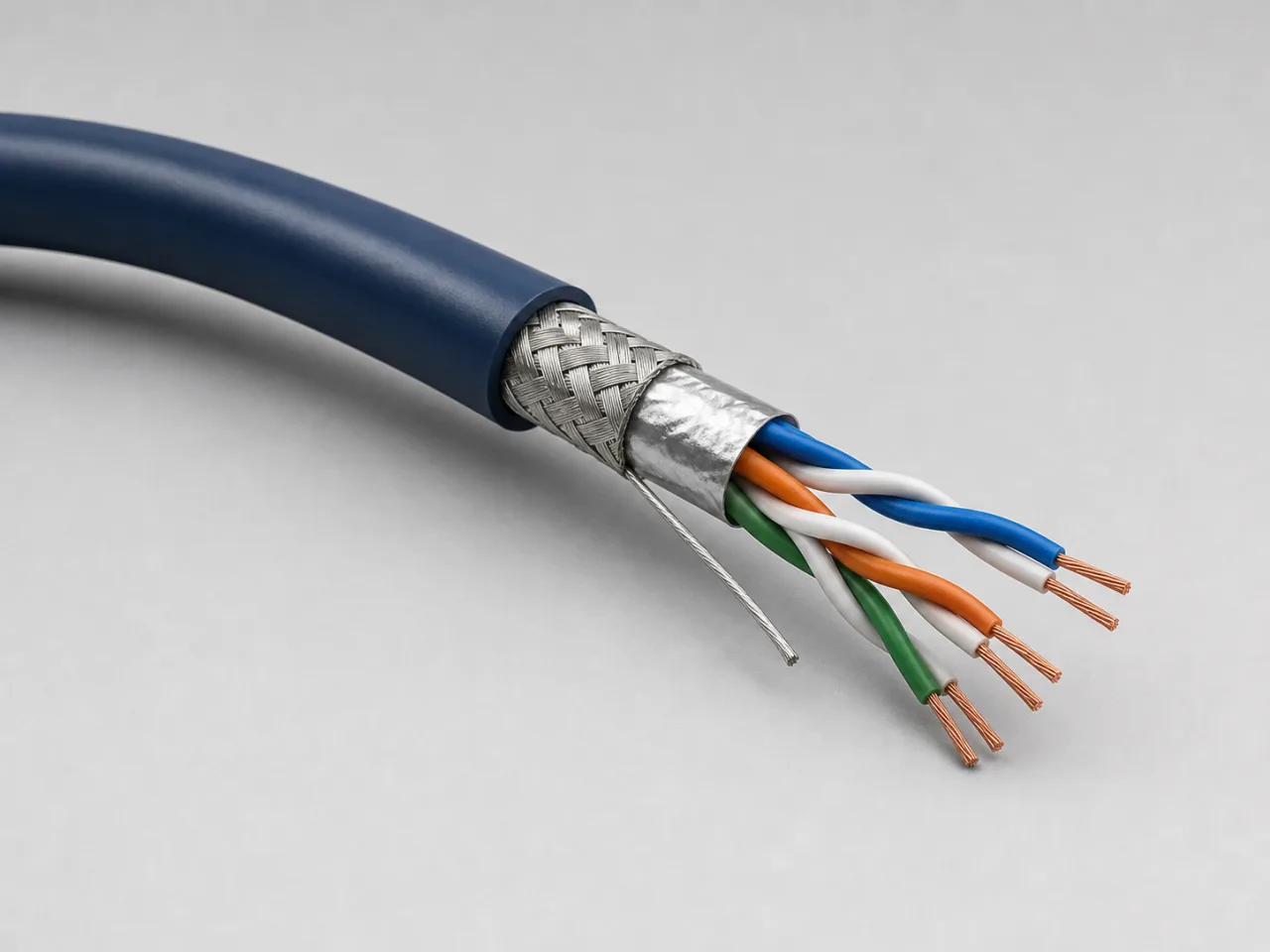 Brand-neutral generated catalog visual of Signal cables: cutaway low-level signal cable with twisted insulated pairs, foil screening, drain conductor, and protective sheath.