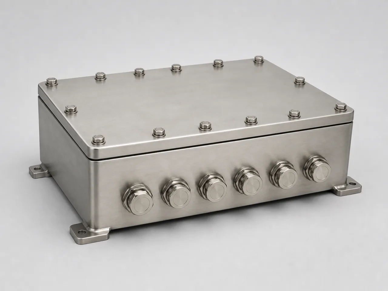 Brand-neutral generated catalog visual of Junction boxes: closed industrial metal junction box with bolted lid, mounting feet, and multiple blank cable entries.