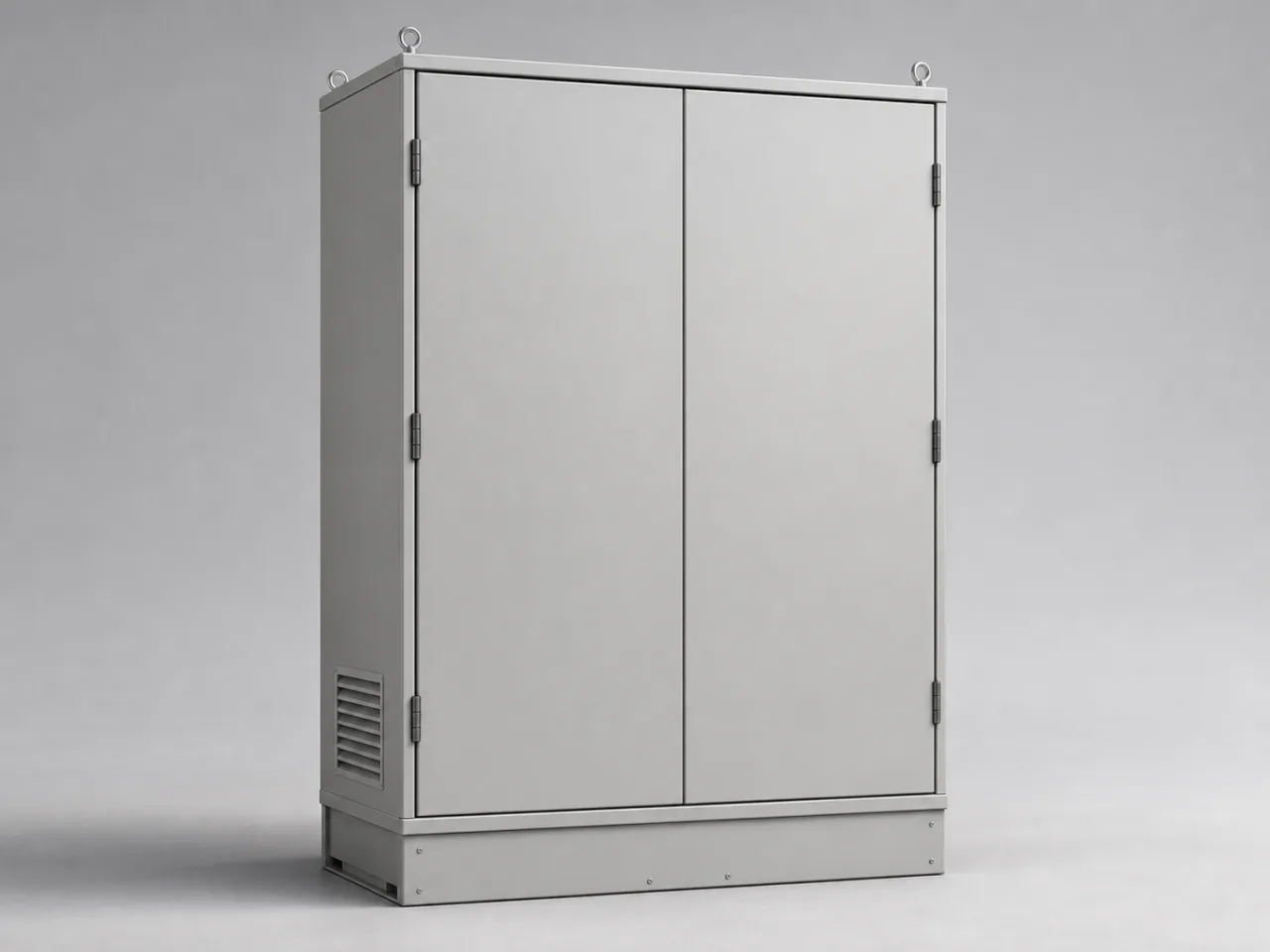Brand-neutral generated catalog visual of Electrical enclosures: empty freestanding electrical enclosure with closed double doors, plinth, hinges, and rain-safe folded edges.