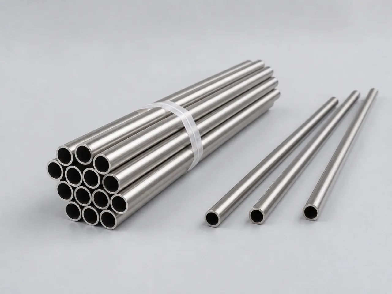 Brand-neutral generated catalog visual of Tubes: bundle of precision small-diameter seamless tubes with thin uniform walls and clean square-cut ends.