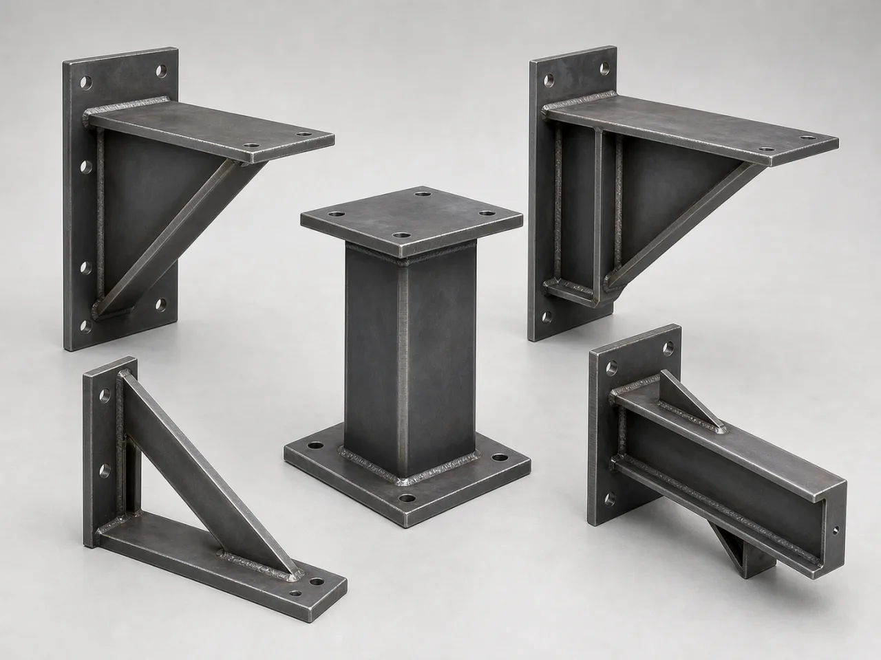 Brand-neutral generated catalog visual of Custom structural supports: set of custom heavy structural support brackets and pedestals with welded stiffeners and base plates.
