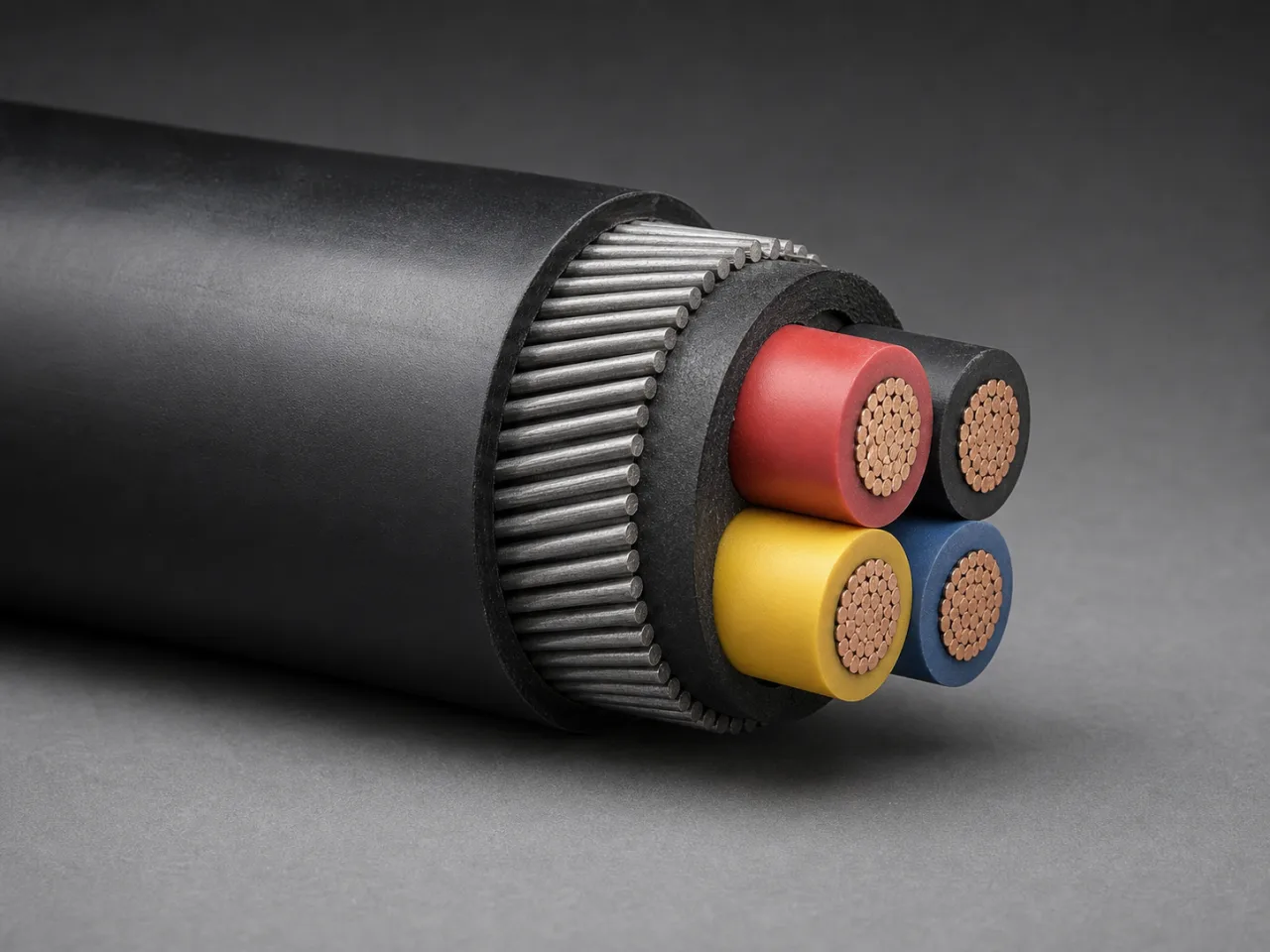 Prepared end of an unbranded four-core armoured power cable showing copper conductors, core insulation, bedding, steel-wire armour and black outer sheath.