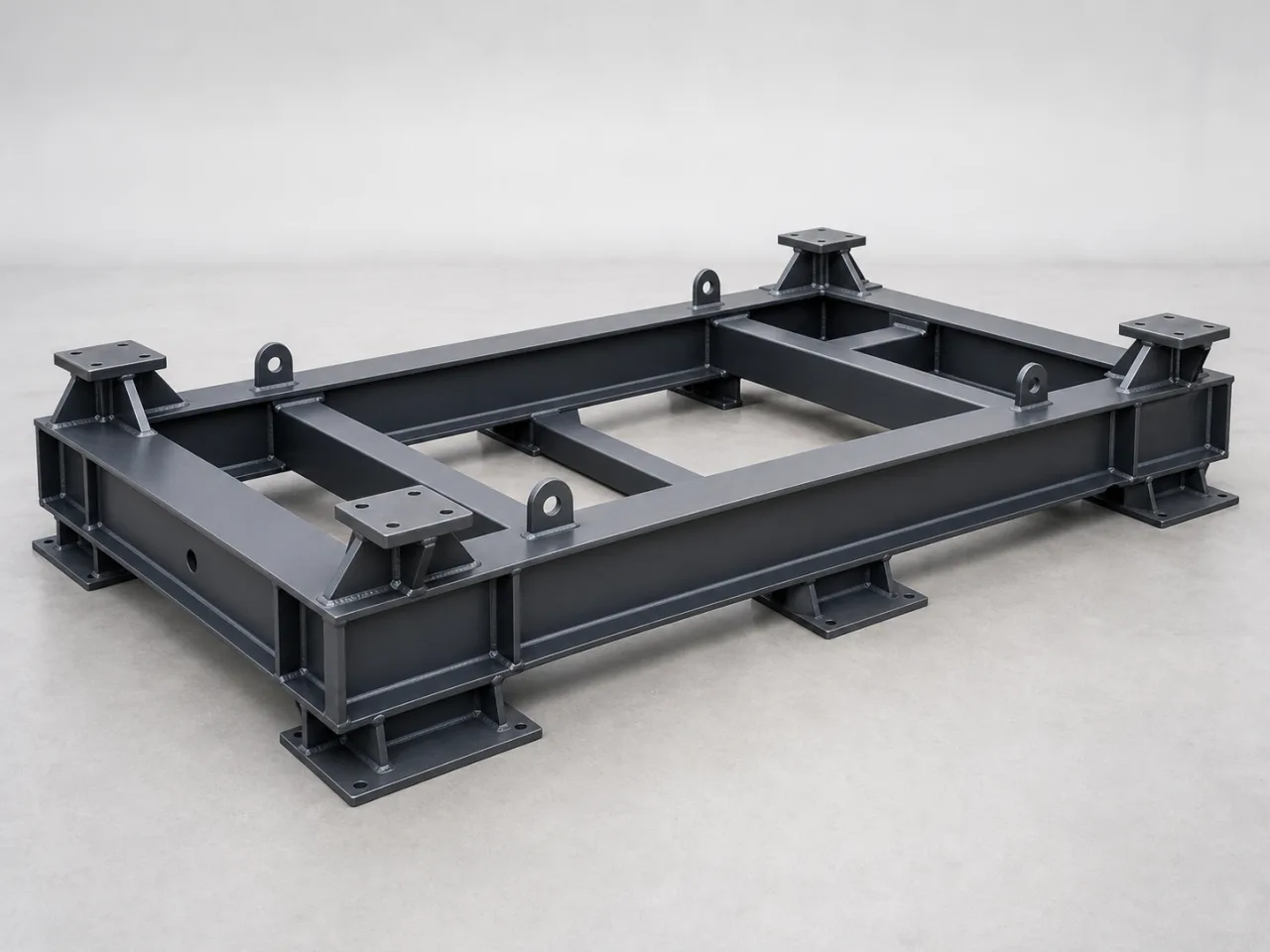 Brand-neutral generated catalog visual of Equipment baseframes: heavy welded steel equipment baseframe with cross-members, gussets, machined mounting pads, and lifting points.