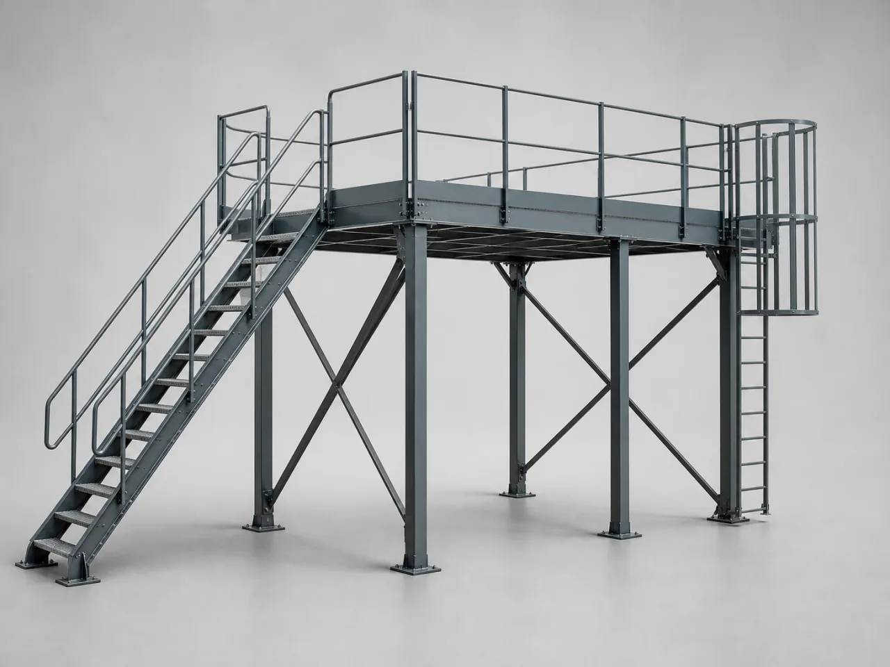 Brand-neutral generated catalog visual of Industrial access platforms and structures: industrial maintenance platform with grating deck, stairs, ladder, handrails, toe boards, and braced legs.