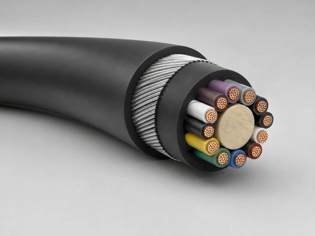 Brand-neutral generated catalog visual of Control cables: cutaway multicore control cable with many numbered-free insulated copper cores, bedding, armour, and dark outer sheath.