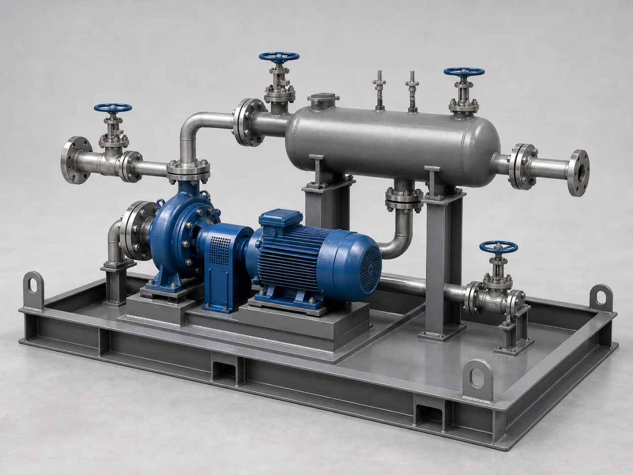 Brand-neutral generated catalog visual of Mechanical equipment skids and packaged assemblies: compact pump-and-piping process skid on a welded base with valves, instrument stubs, supports, and coherent flow path.