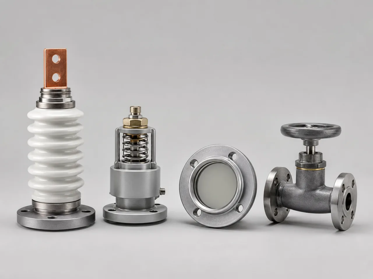 Brand-neutral generated catalog visual of Transformer accessories: brand-neutral transformer accessory group with radiator valve, porcelain bushing, pressure-relief device, and oil-level gauge without labels.