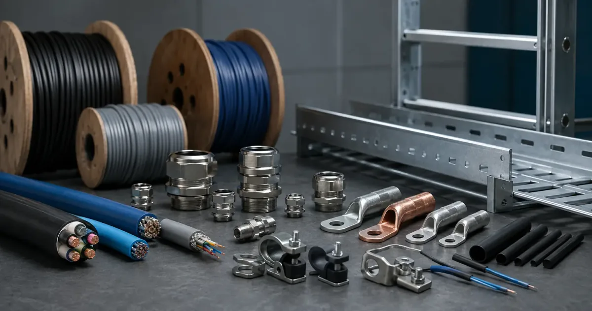 Generated editorial arrangement of cable reels, cable sections, glands, lugs and cable supports.