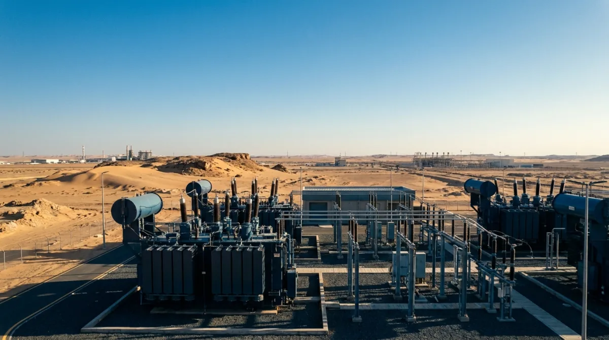Generated editorial view of an electrical substation in a desert industrial setting.