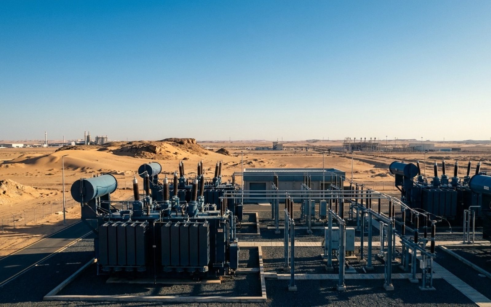 Electrical substation and switchgear installation in a Saudi desert industrial environment.