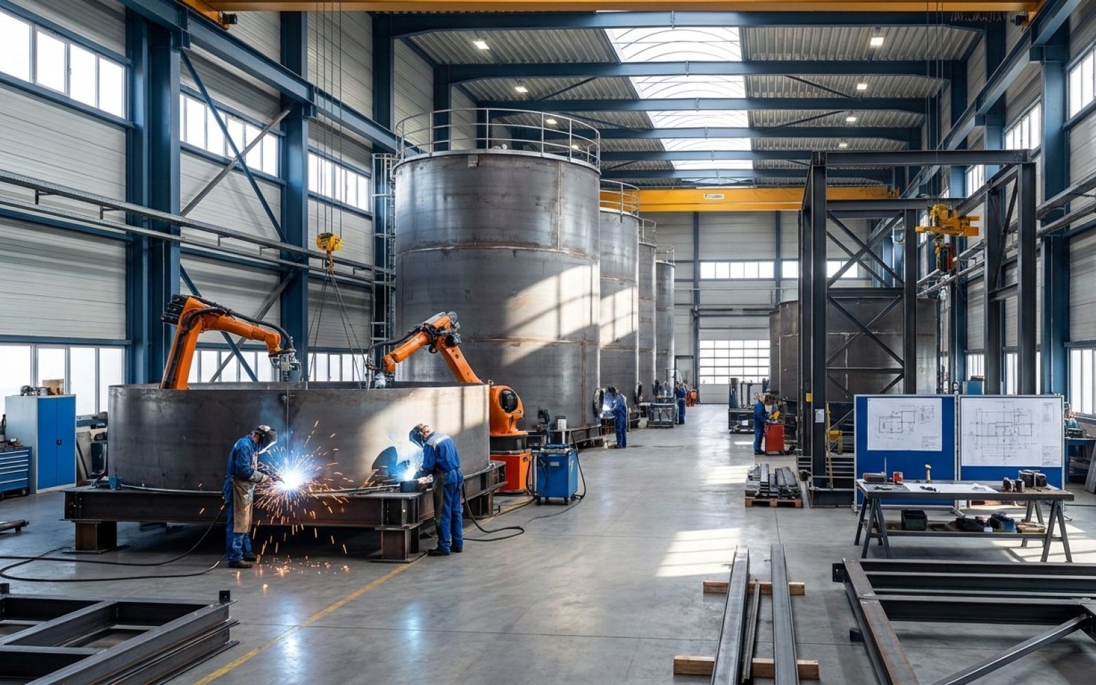 Wide industrial fabrication facility with structural steel, storage tanks and technical drawings in review.
